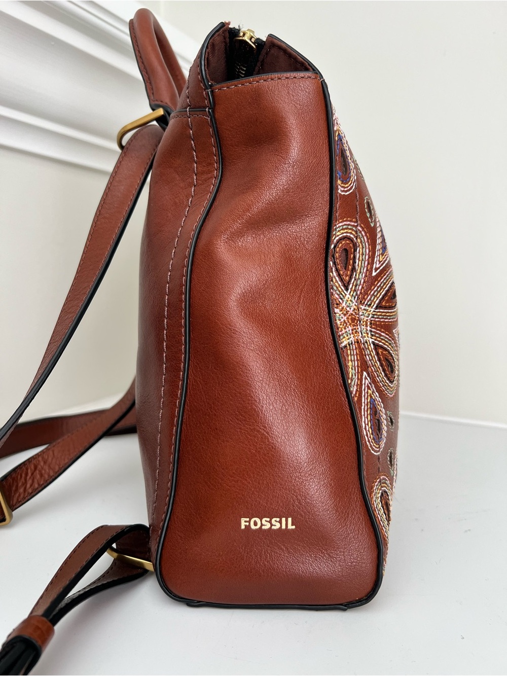 Fossil Brown Leather Satchel with Multicolor Embroidered Florals - Picture 8 of 13